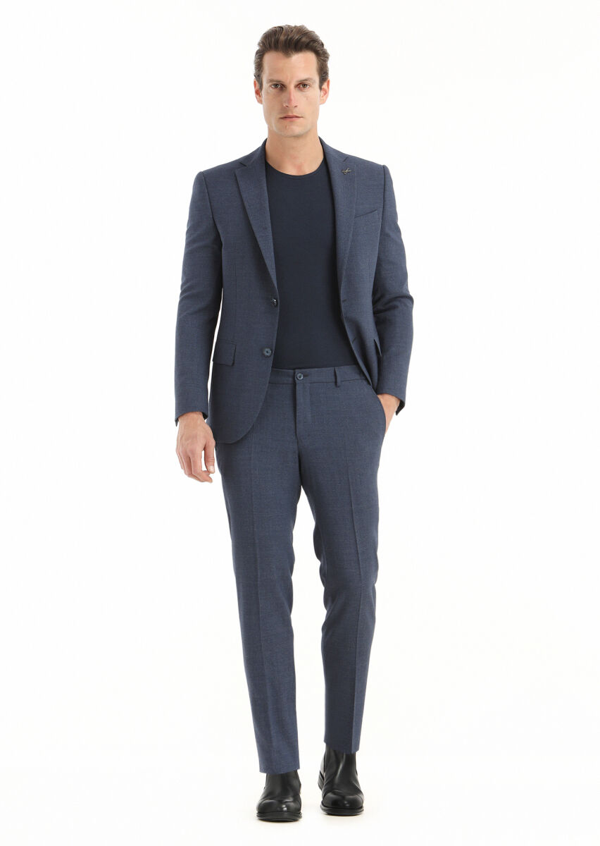 Navy Blue Micro Modern Fit Wool Blended Suit - 2