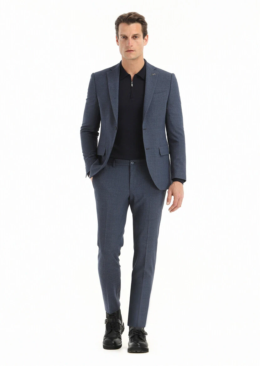 Navy Blue Micro Modern Fit Wool Blended Suit - 1
