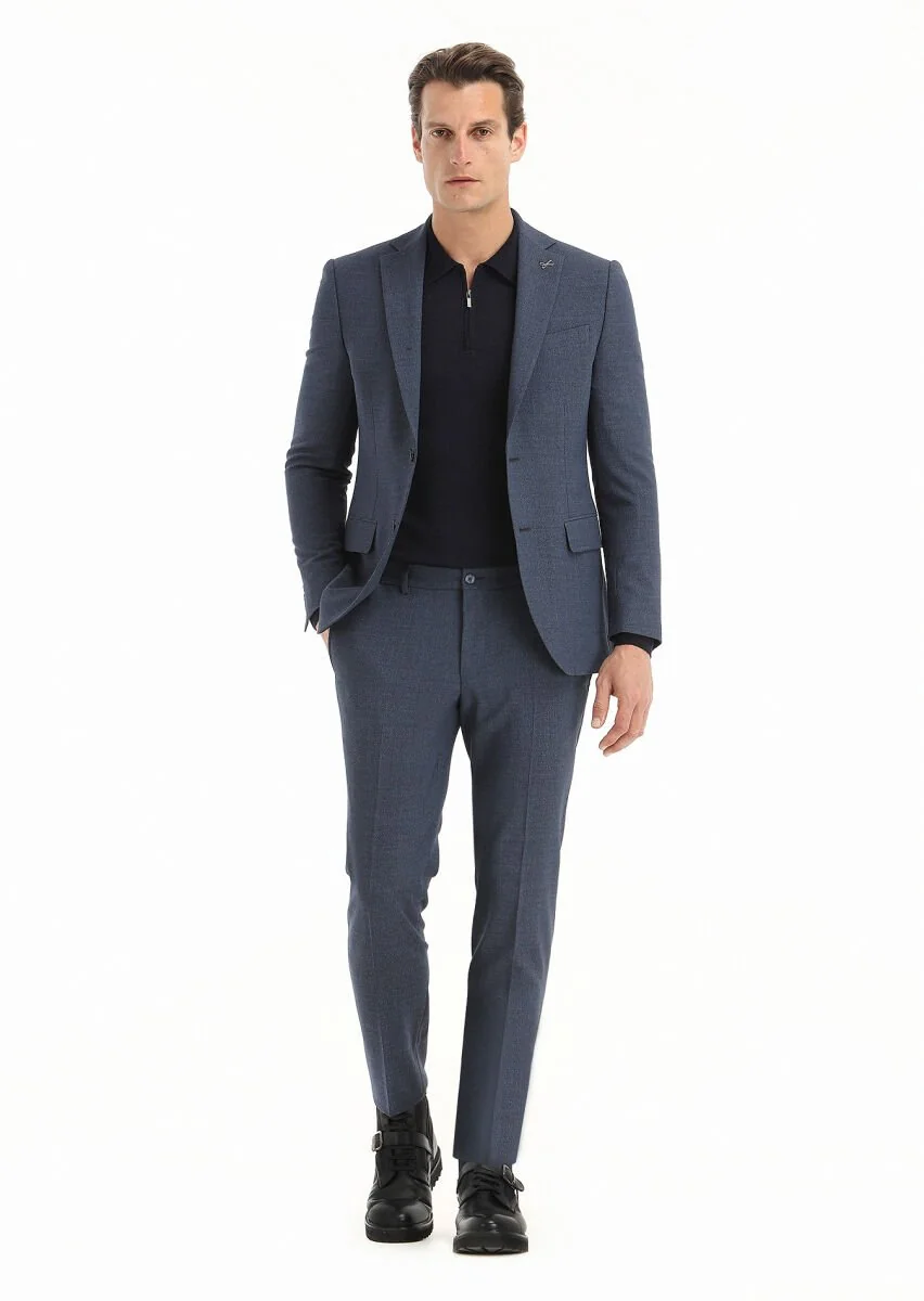 Navy Blue Micro Modern Fit Wool Blended Suit - 1
