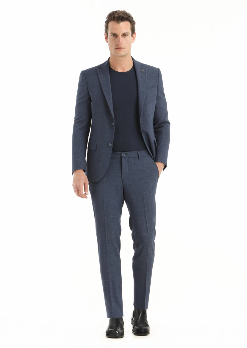 Navy Blue Micro Modern Fit Wool Blended Suit - 2