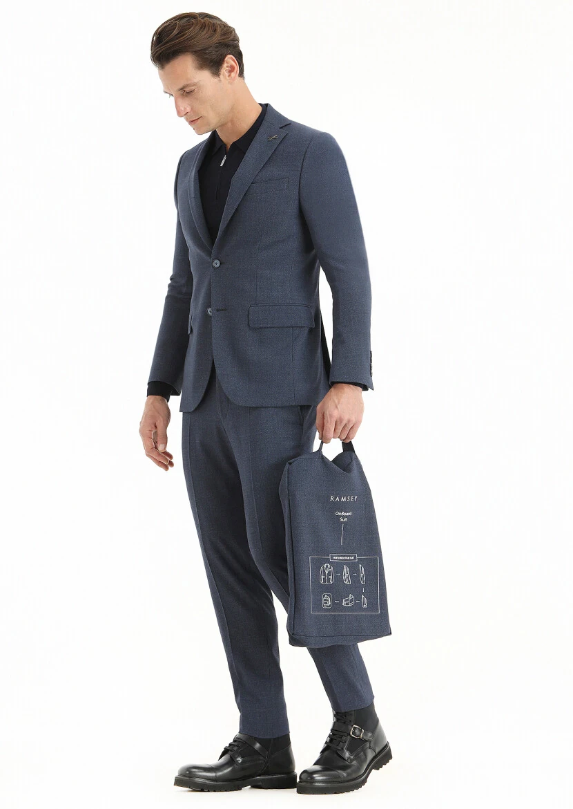 Navy Blue Micro Modern Fit Wool Blended Suit - 3