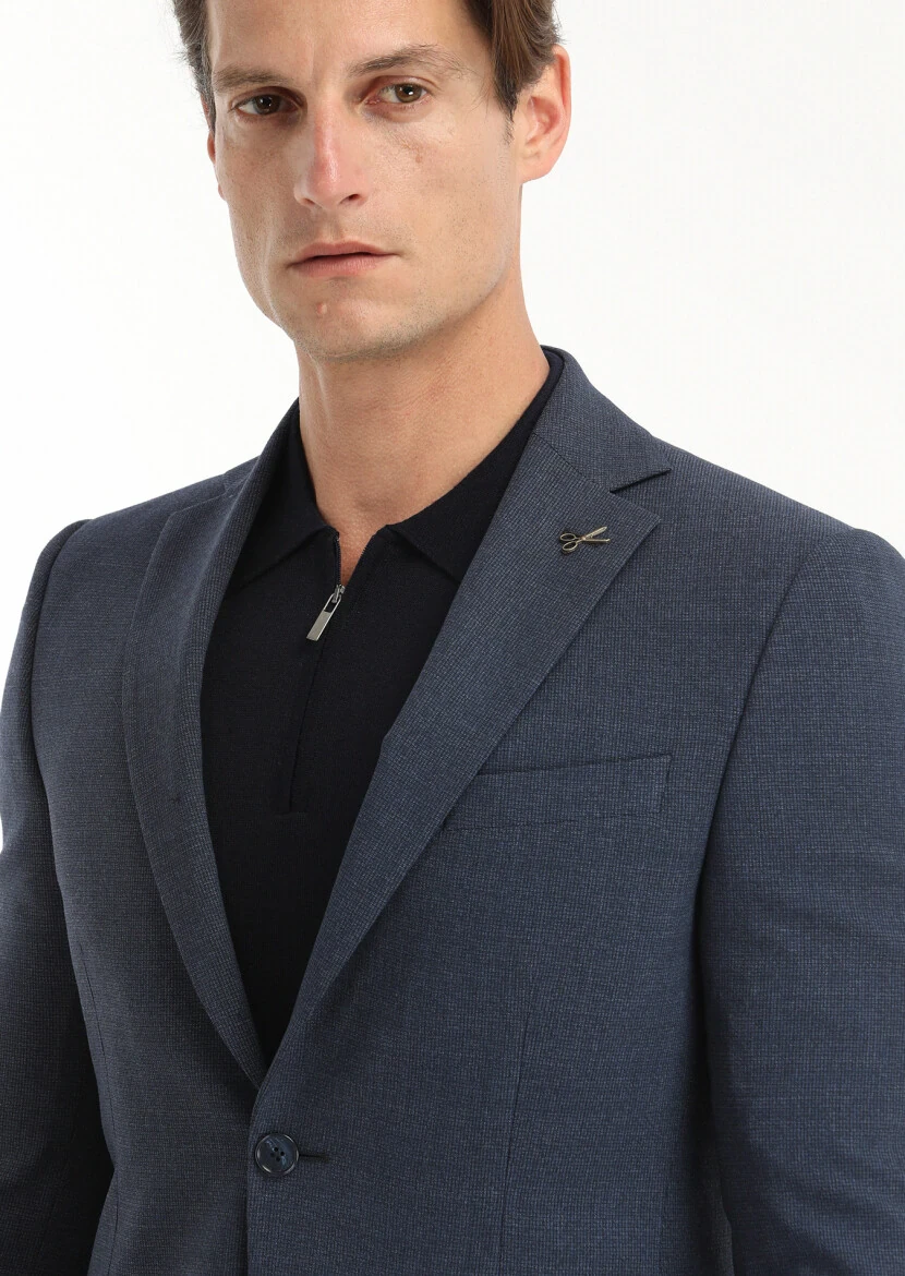 Navy Blue Micro Modern Fit Wool Blended Suit - 4