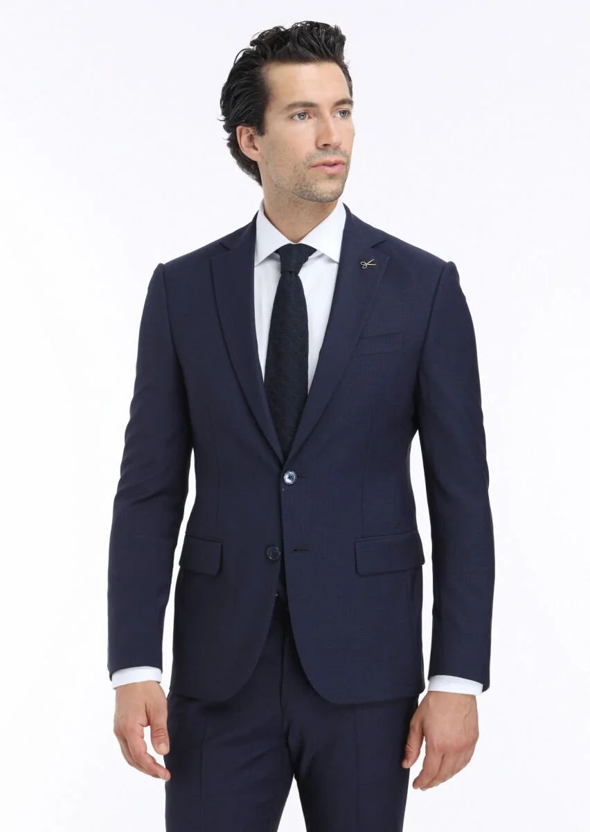 Navy Blue Micro Modern Fit Wool Blended Suit - 2