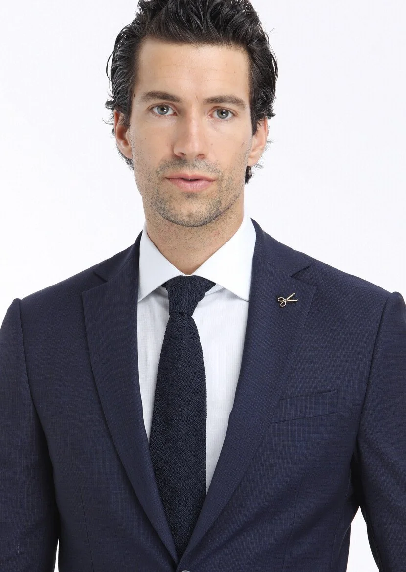 Navy Blue Micro Modern Fit Wool Blended Suit - 3