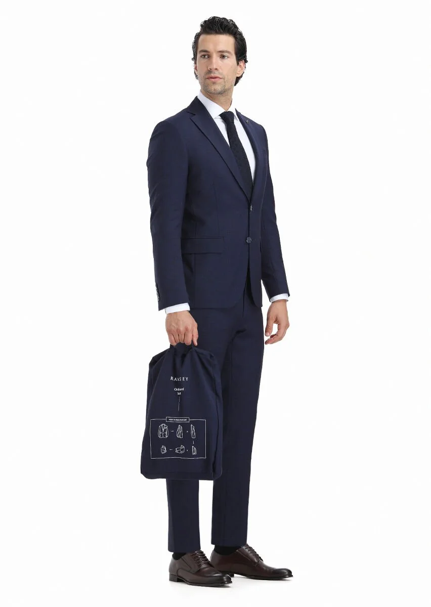 Navy Blue Micro Modern Fit Wool Blended Suit - 4