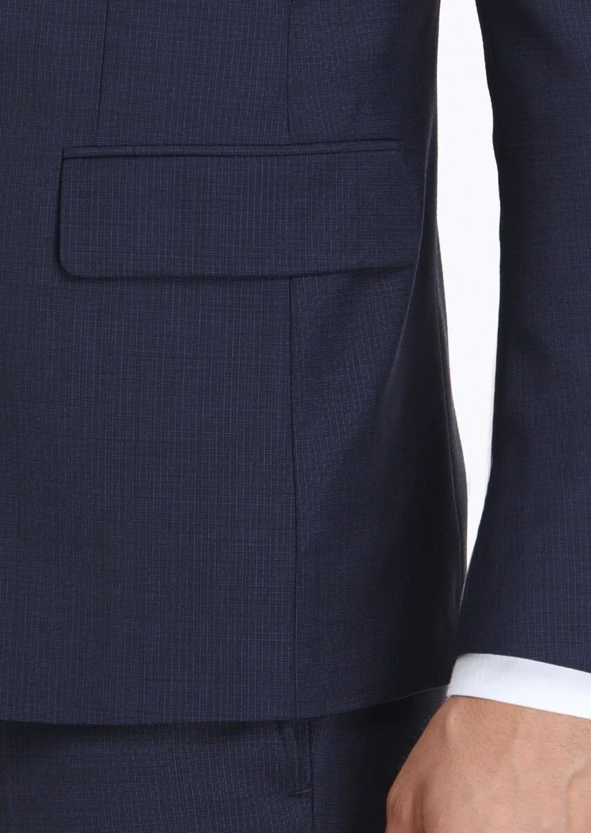 Navy Blue Micro Modern Fit Wool Blended Suit - 6