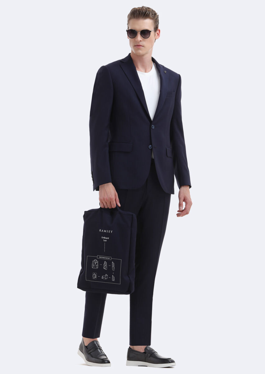 Navy Blue Micro Modern Fit Wool Blended Suit - 1