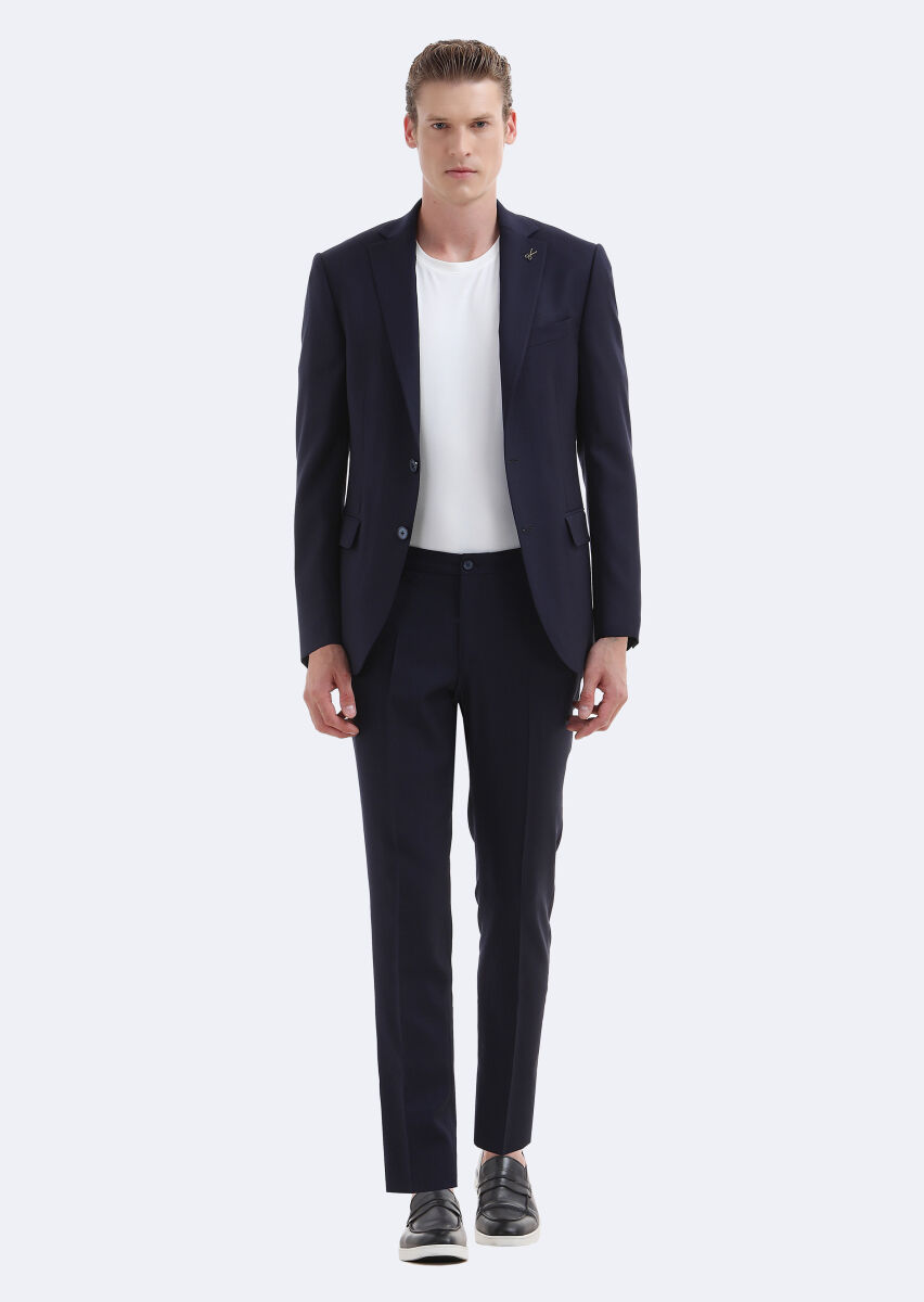 Navy Blue Micro Modern Fit Wool Blended Suit - 2