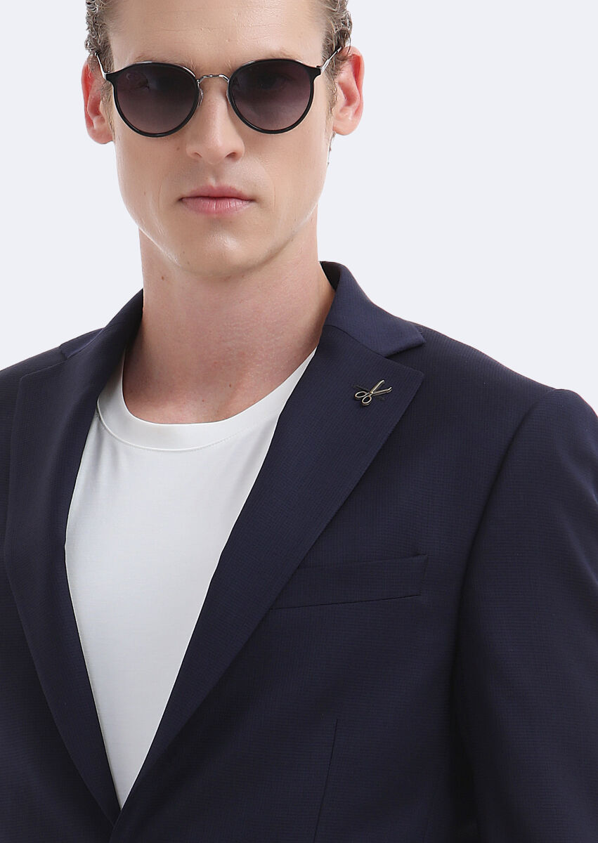 Navy Blue Micro Modern Fit Wool Blended Suit - 4