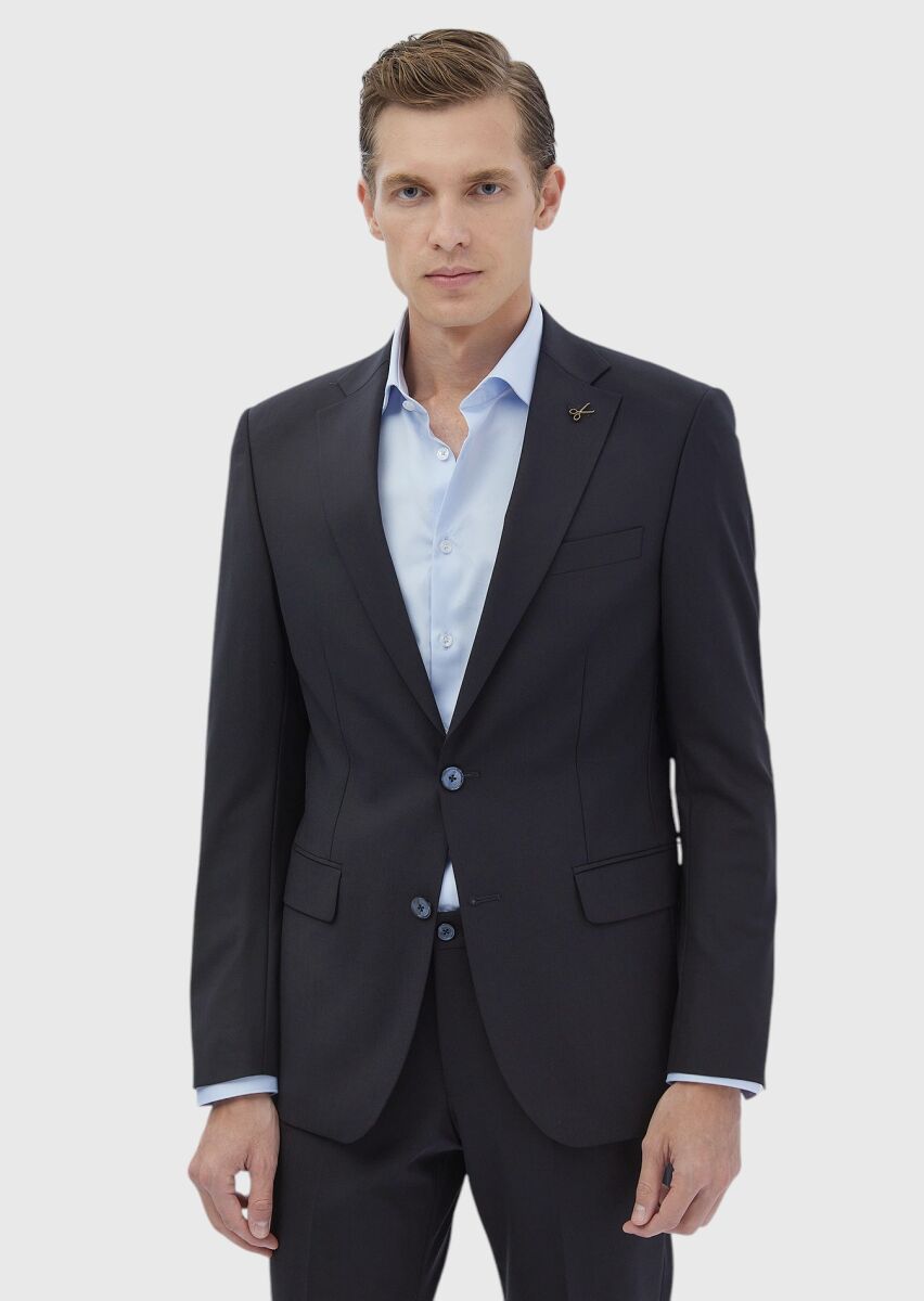 Navy Blue Micro Modern Fit Wool Blended Suit - 1