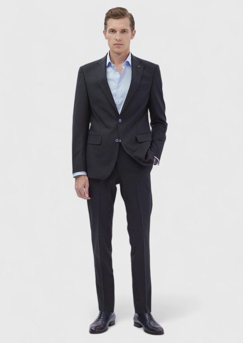 Navy Blue Micro Modern Fit Wool Blended Suit - 2