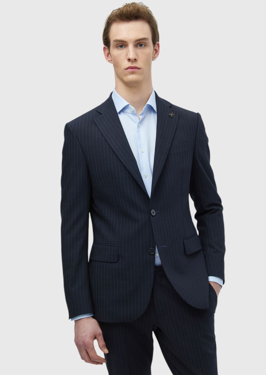 Navy Blue Micro Modern Fit Wool Blended Suit - 1