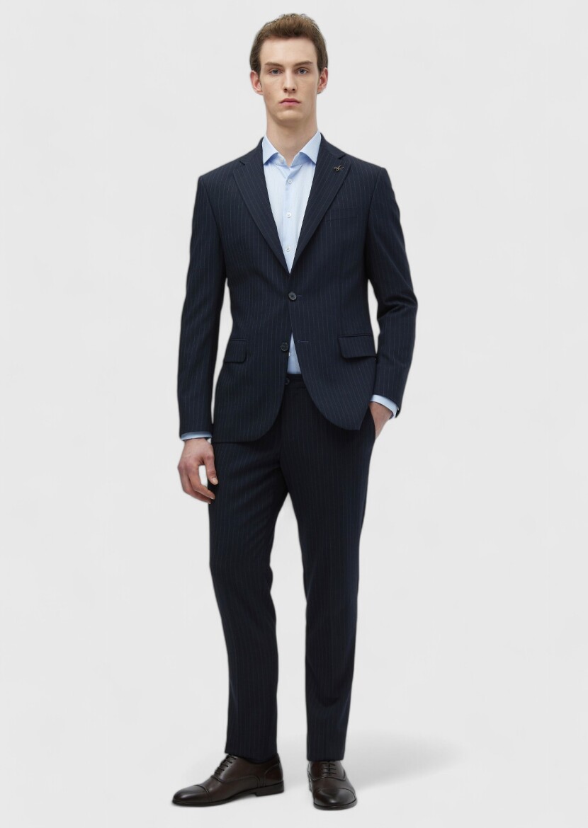 Navy Blue Micro Modern Fit Wool Blended Suit - 2