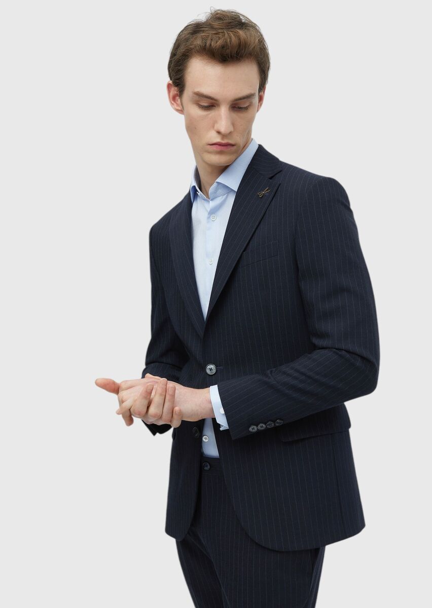 Navy Blue Micro Modern Fit Wool Blended Suit - 4