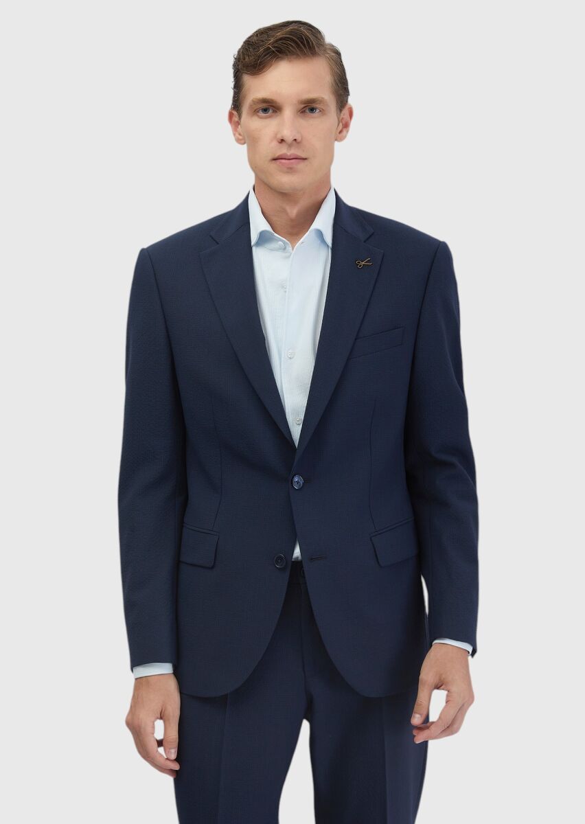 Navy Blue Micro Modern Fit Wool Blended Suit - 1