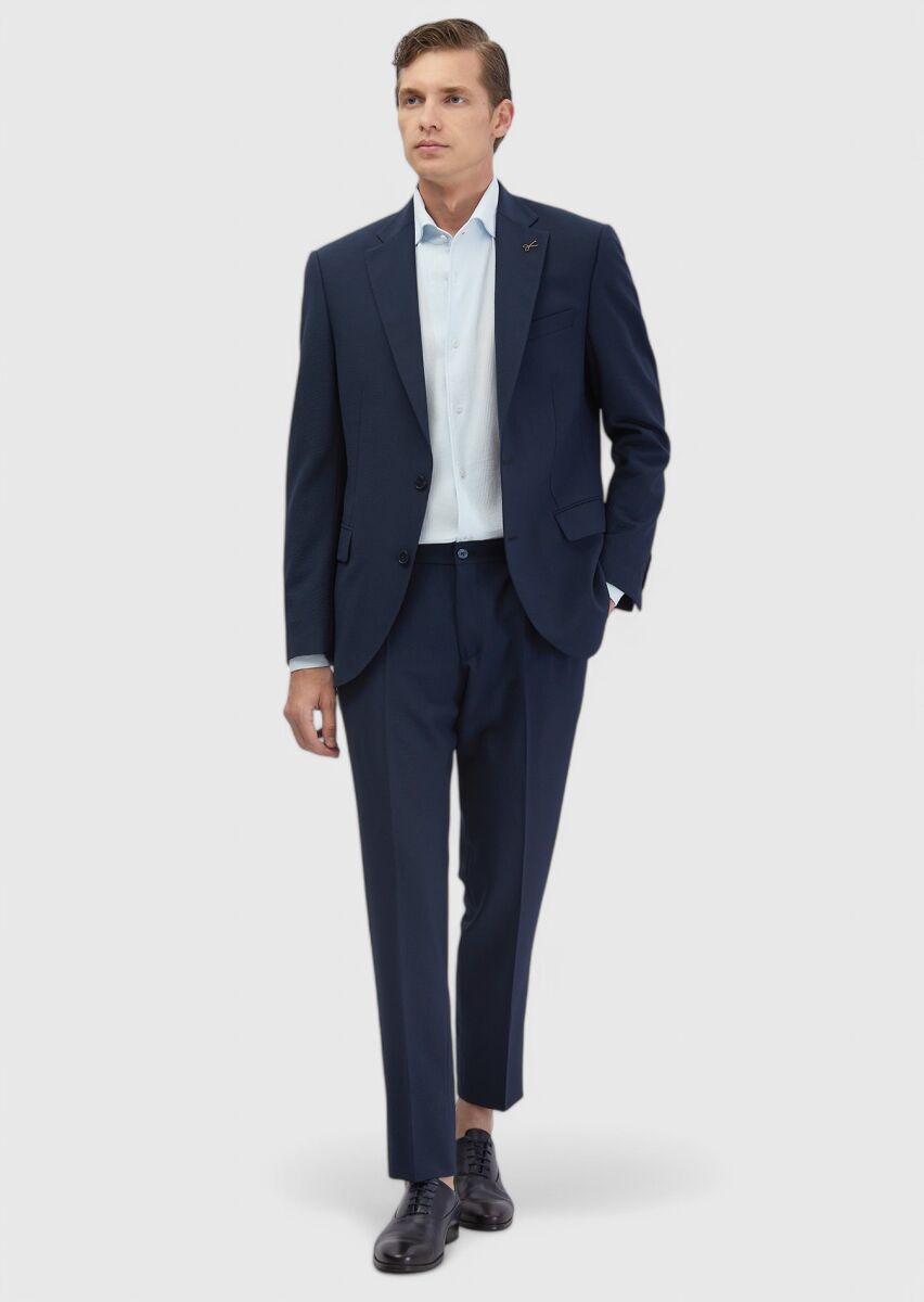 Navy Blue Micro Modern Fit Wool Blended Suit - 2