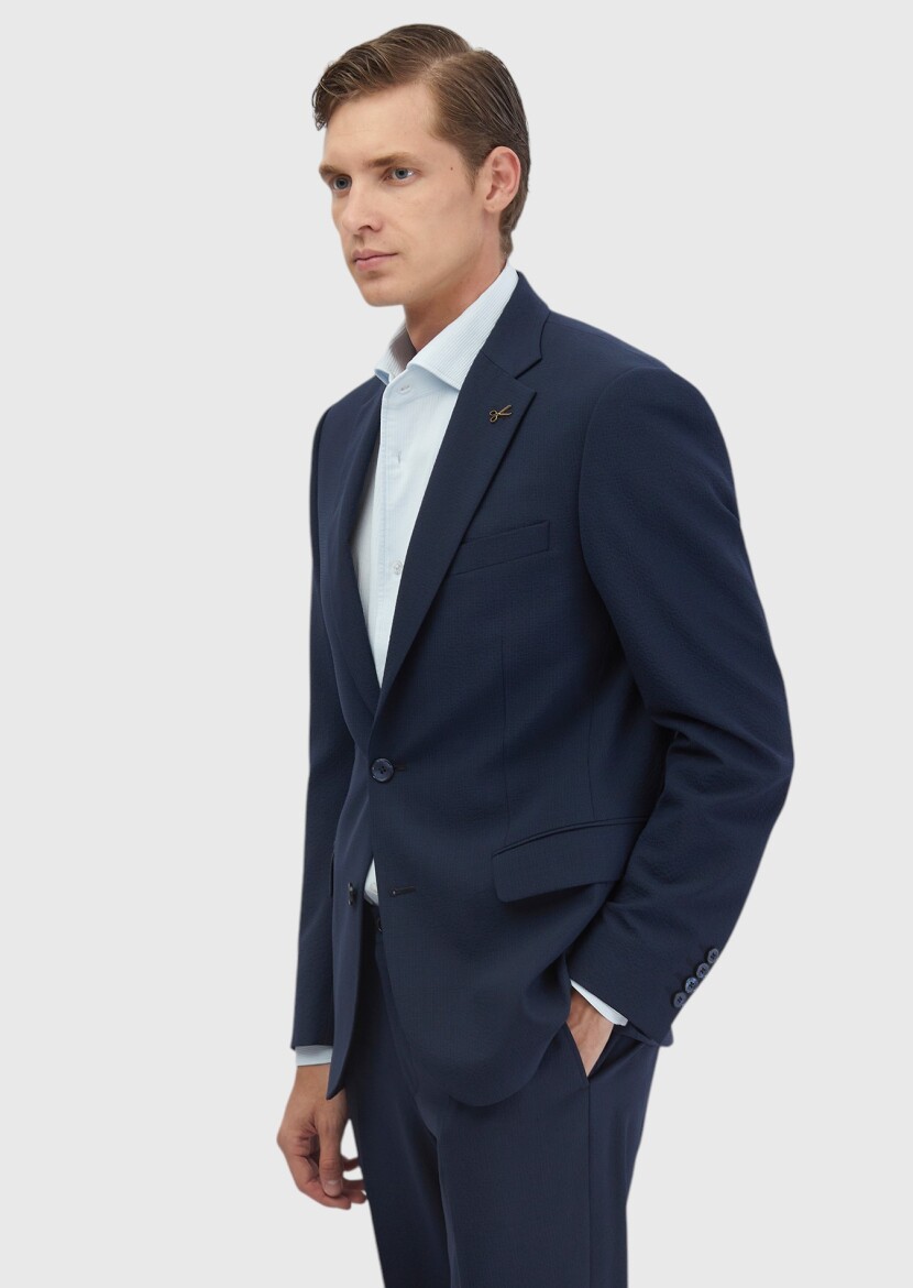 Navy Blue Micro Modern Fit Wool Blended Suit - 3