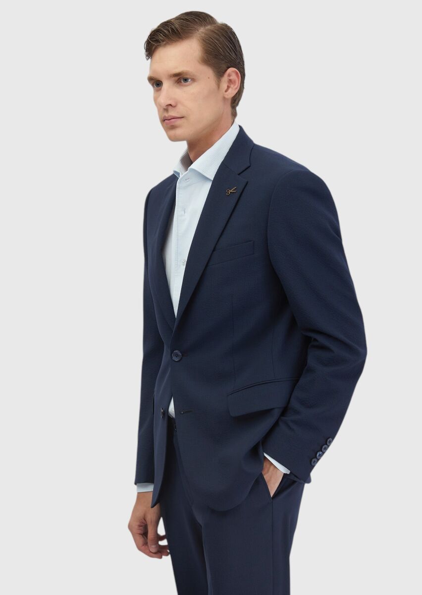 Navy Blue Micro Modern Fit Wool Blended Suit - 3