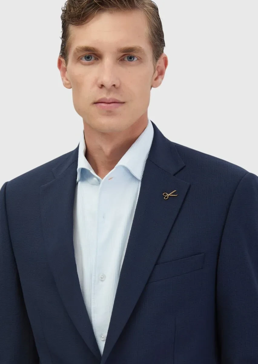 Navy Blue Micro Modern Fit Wool Blended Suit - 4