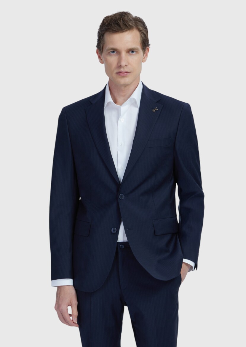 Navy Blue Micro Modern Fit Wool Blended Suit - 1