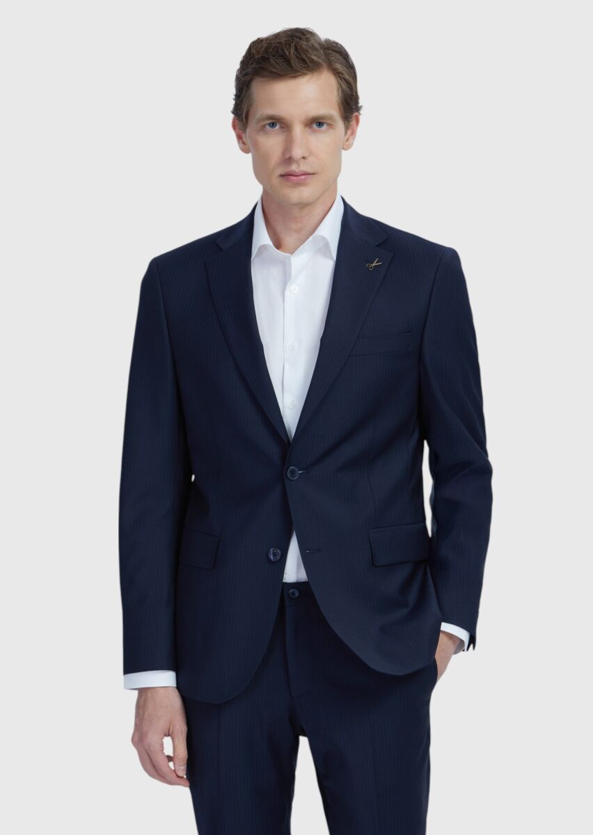 Navy Blue Micro Modern Fit Wool Blended Suit - 1