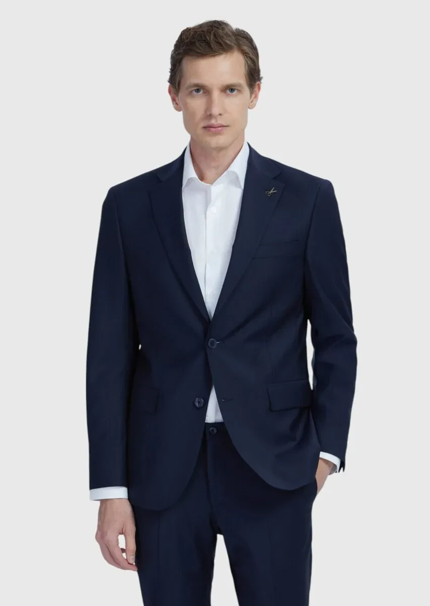 Navy Blue Micro Modern Fit Wool Blended Suit - 1