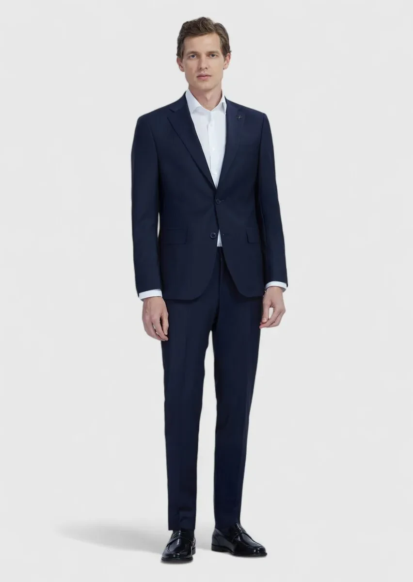 Navy Blue Micro Modern Fit Wool Blended Suit - 2