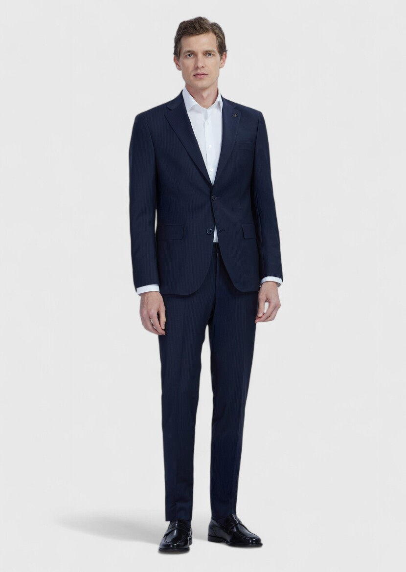 Navy Blue Micro Modern Fit Wool Blended Suit - RAMSEY