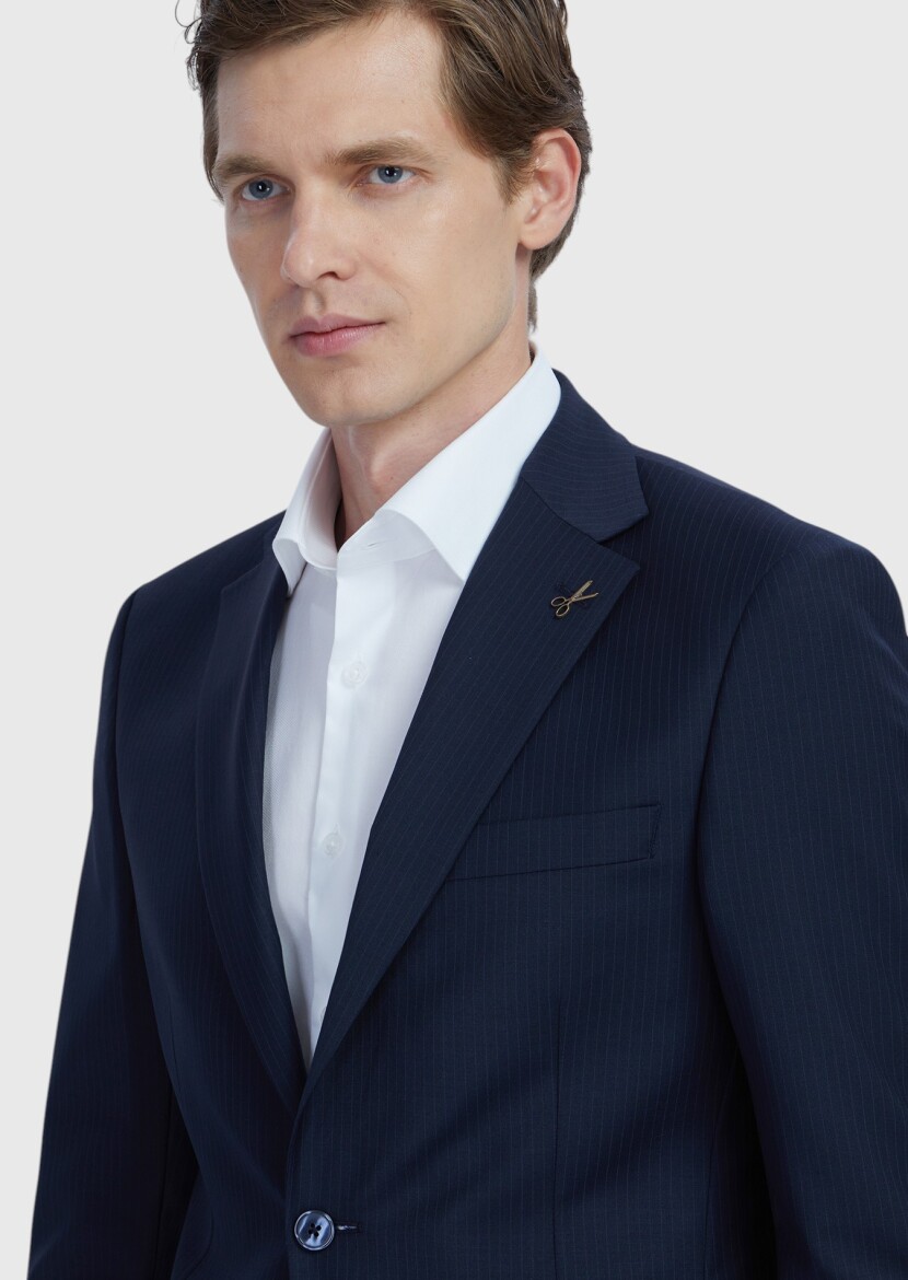 Navy Blue Micro Modern Fit Wool Blended Suit - 3