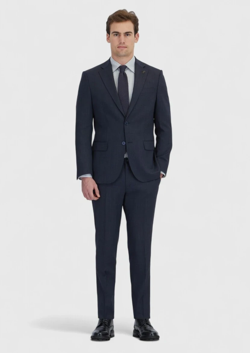 Navy Blue Micro Modern Fit Wool Blended Suit - RAMSEY