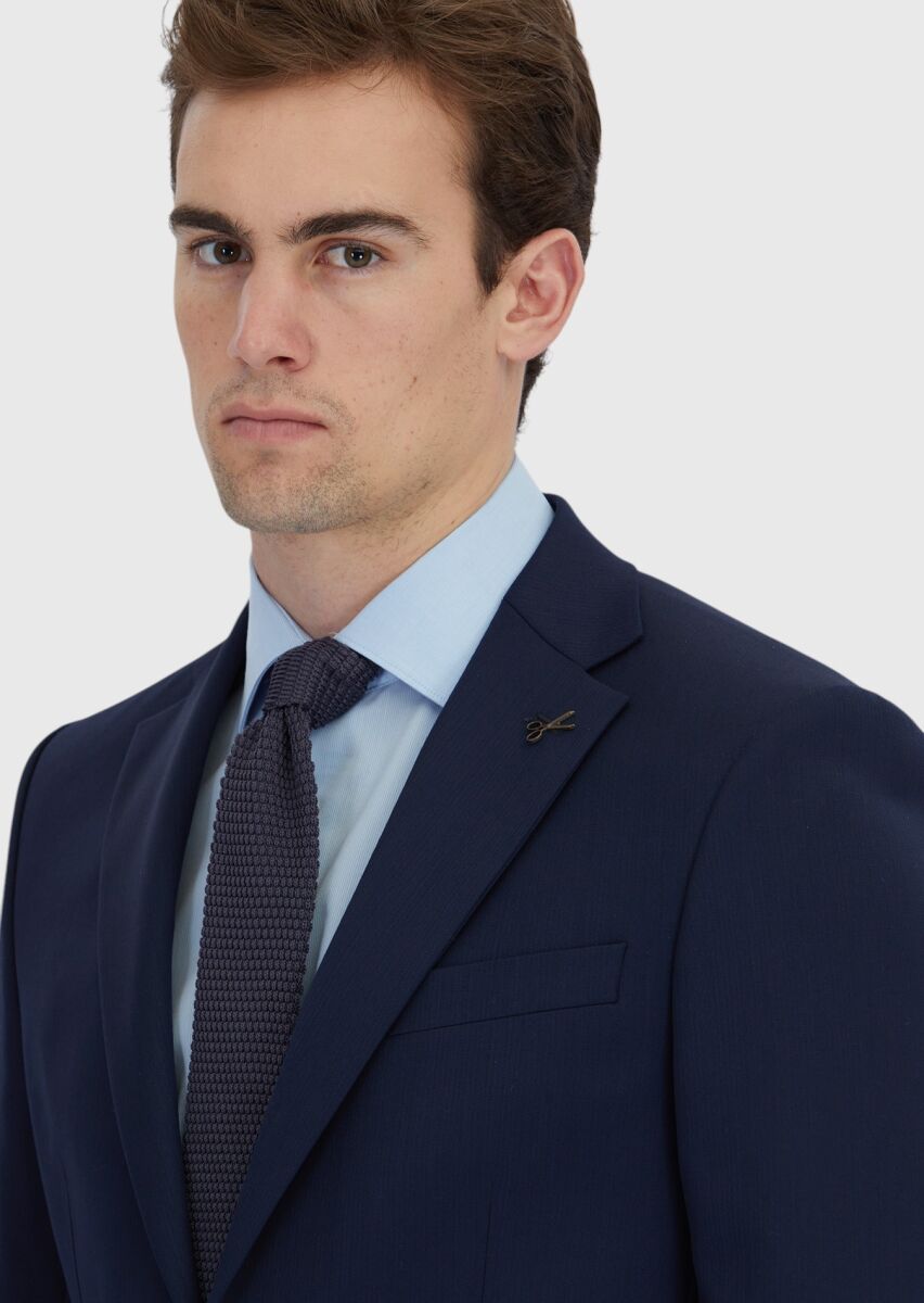 Navy Blue Micro Modern Fit Wool Blended Suit - 3