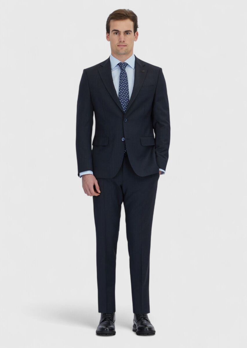 Navy Blue Micro Modern Fit Wool Blended Suit - 2