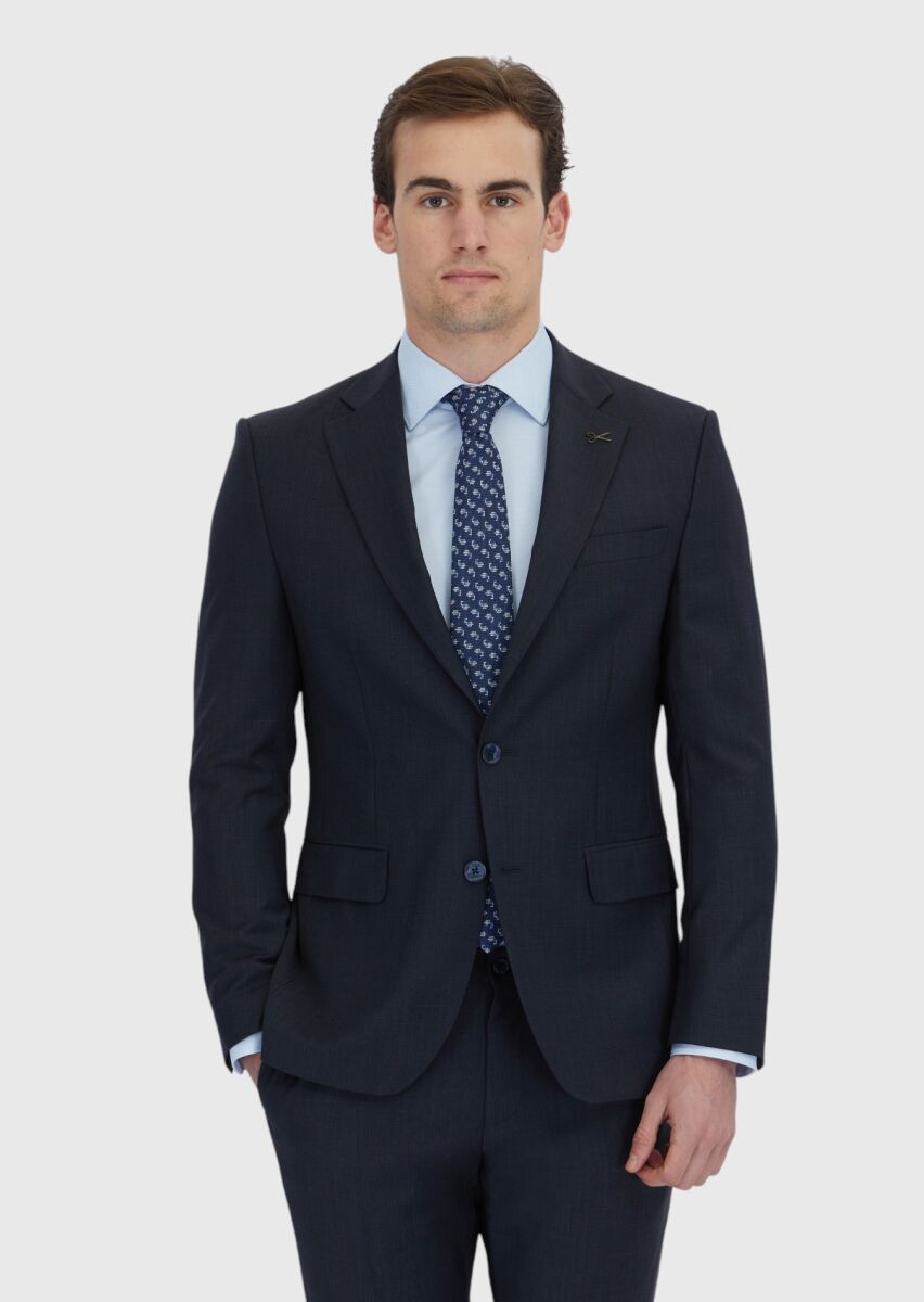Navy Blue Micro Modern Fit Wool Blended Suit - 1