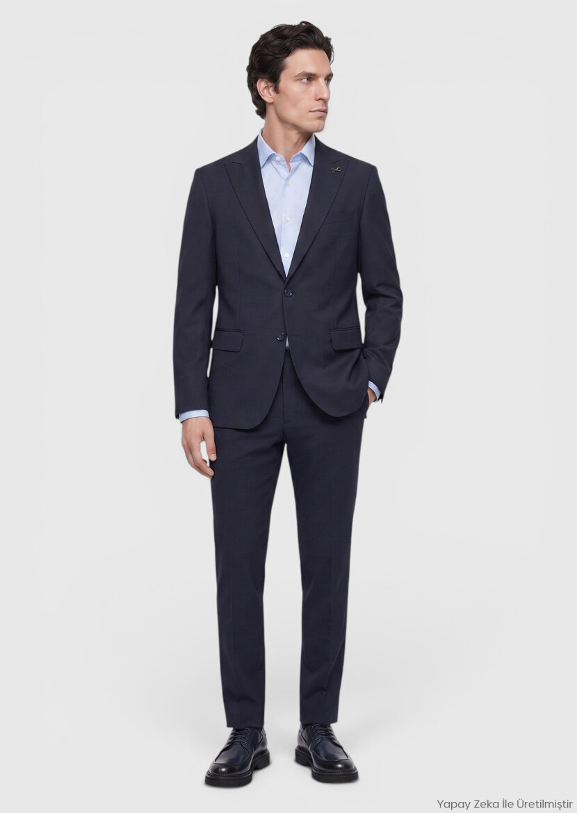 Navy Blue Micro Modern Fit Wool Blended Suit - RAMSEY