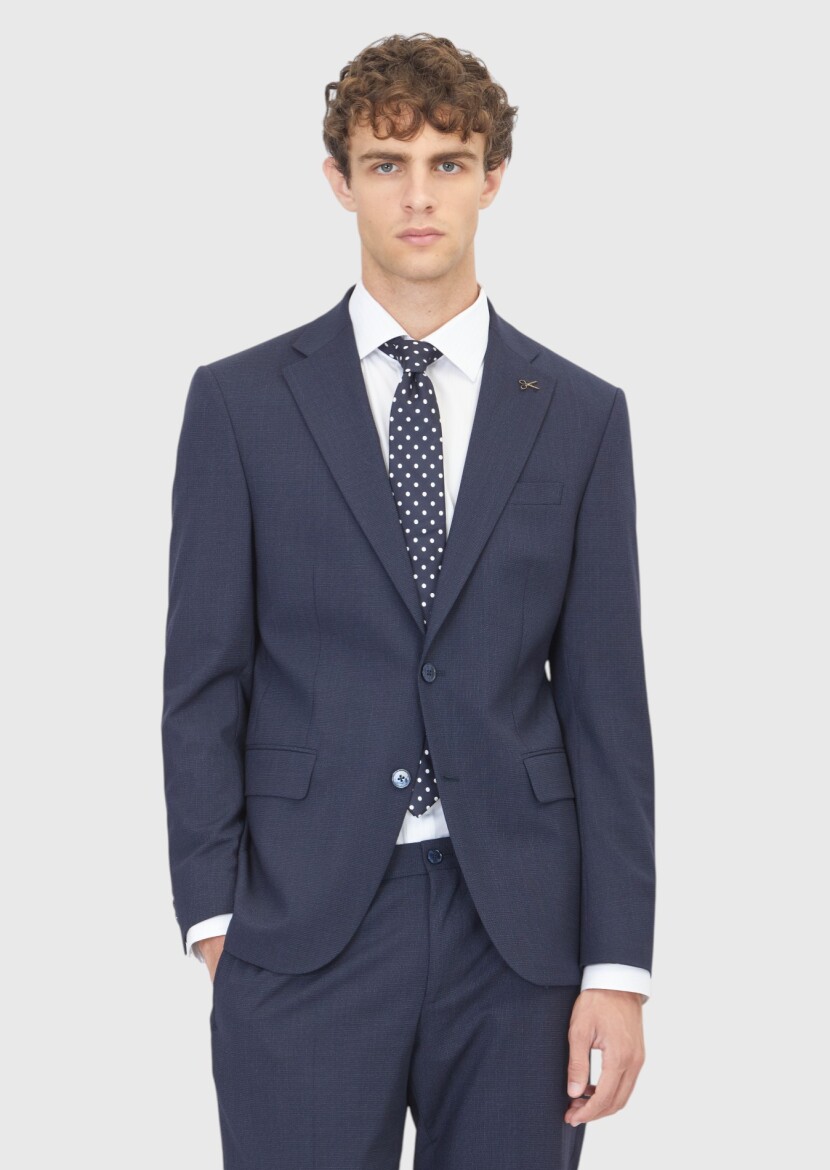 Navy Blue Micro Modern Fit Wool Blended Suit - 1