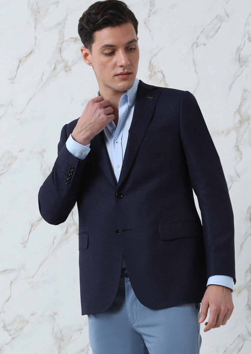 Navy Blue Micro Regular Fit 100% Wool Jacket - 1