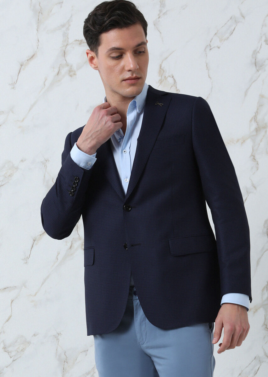 Navy Blue Micro Regular Fit 100% Wool Jacket - 1