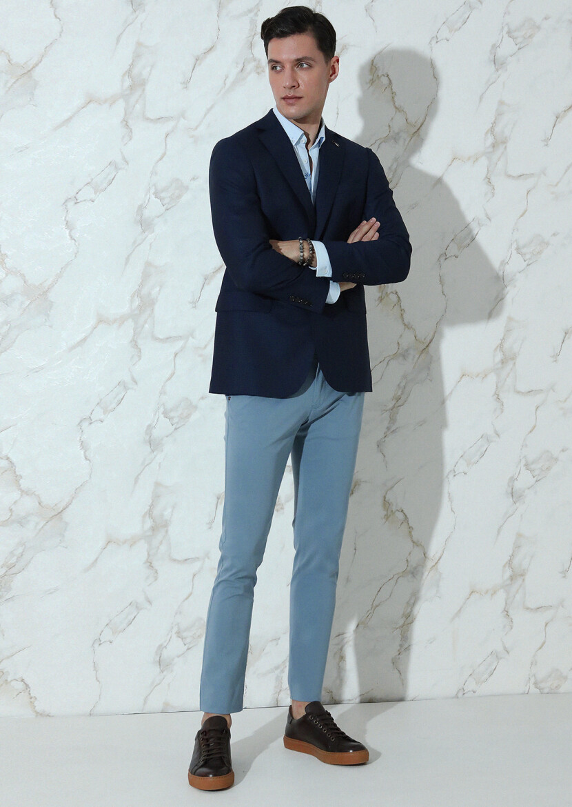 Navy Blue Micro Regular Fit 100% Wool Jacket - 2