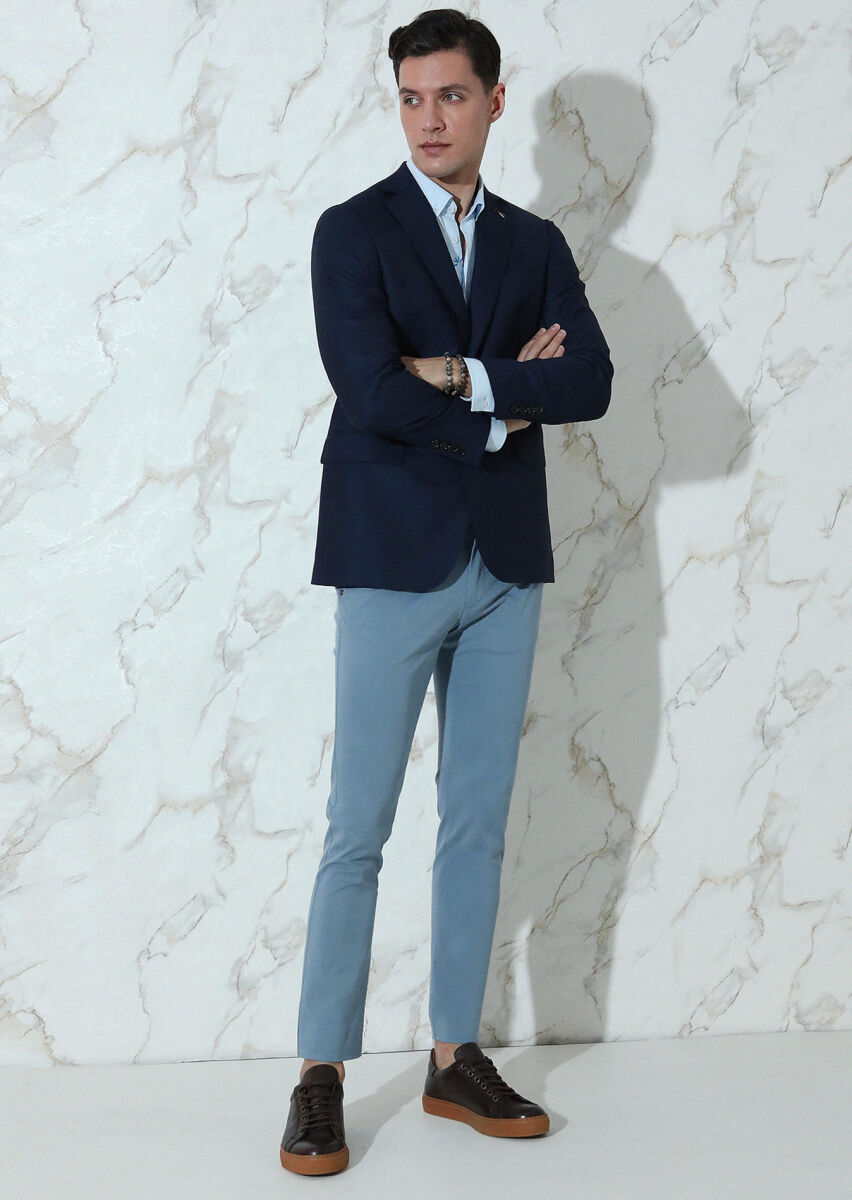 Navy Blue Micro Regular Fit 100% Wool Jacket - 2