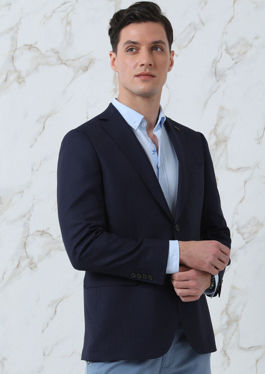 Navy Blue Micro Regular Fit 100% Wool Jacket - 4