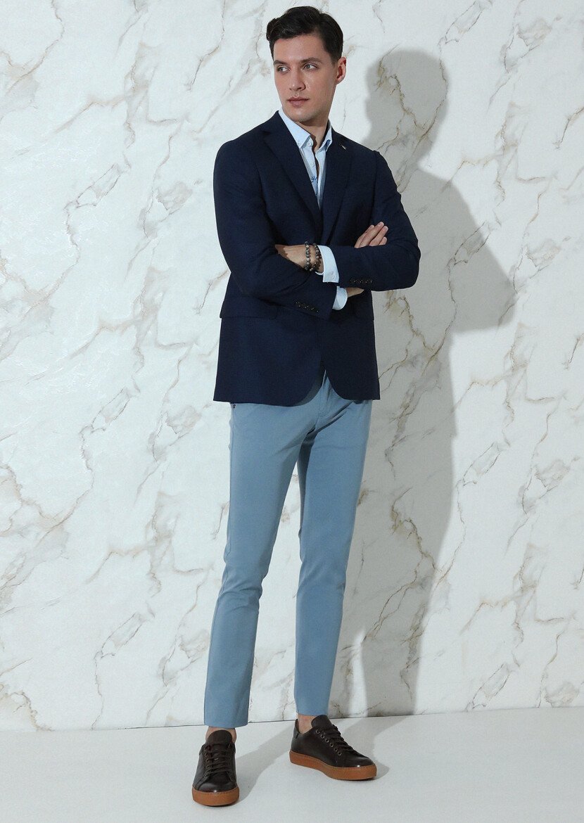 Navy Blue Micro Regular Fit 100% Wool Jacket - 2