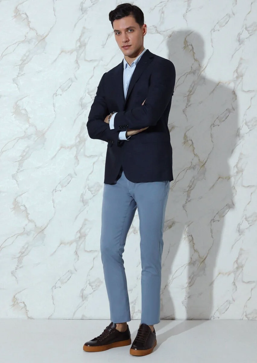 Navy Blue Micro Regular Fit 100% Wool Jacket - 3