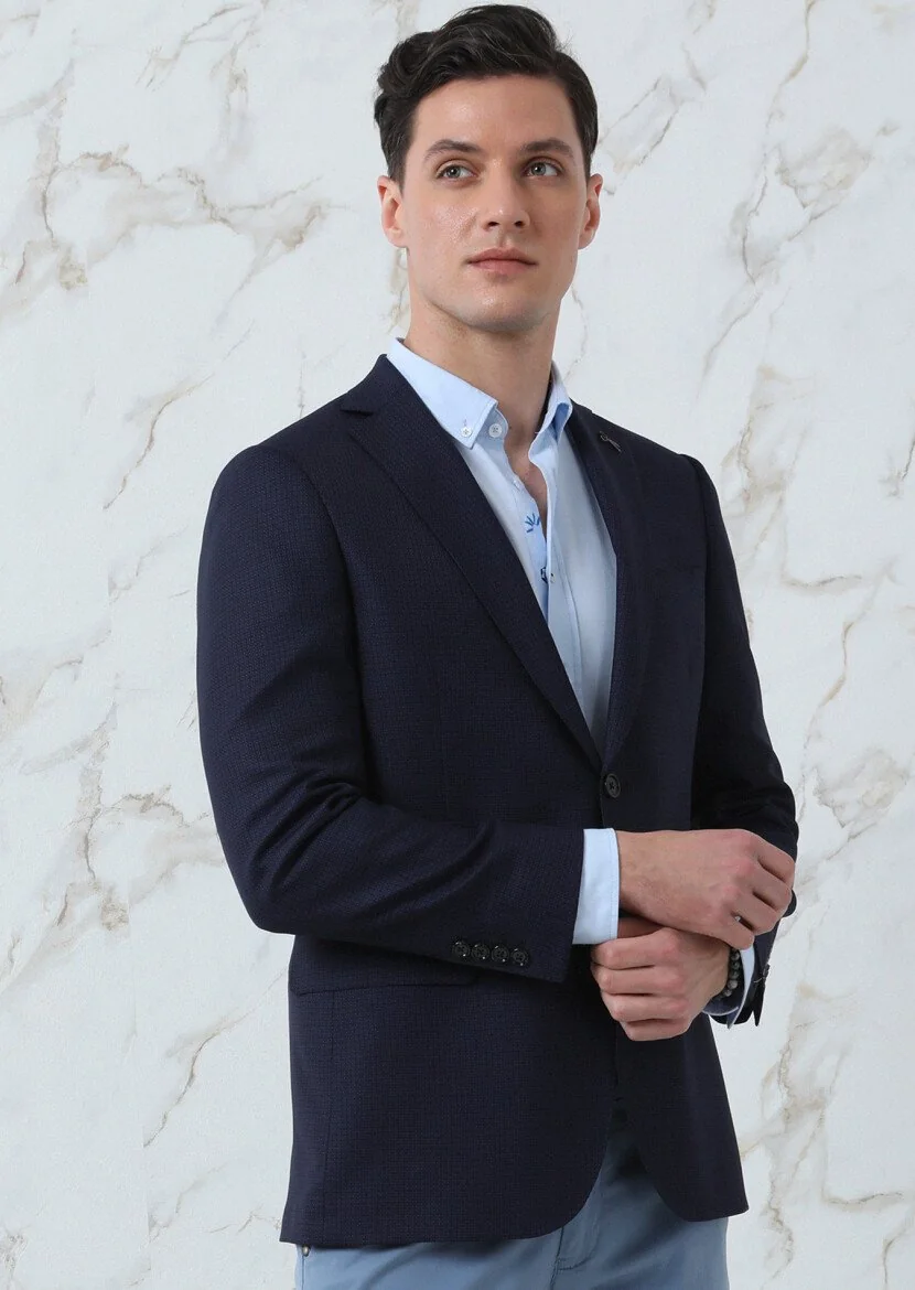 Navy Blue Micro Regular Fit 100% Wool Jacket - 4