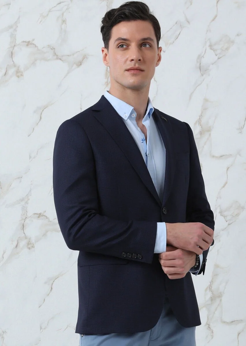 Navy Blue Micro Regular Fit 100% Wool Jacket - 4