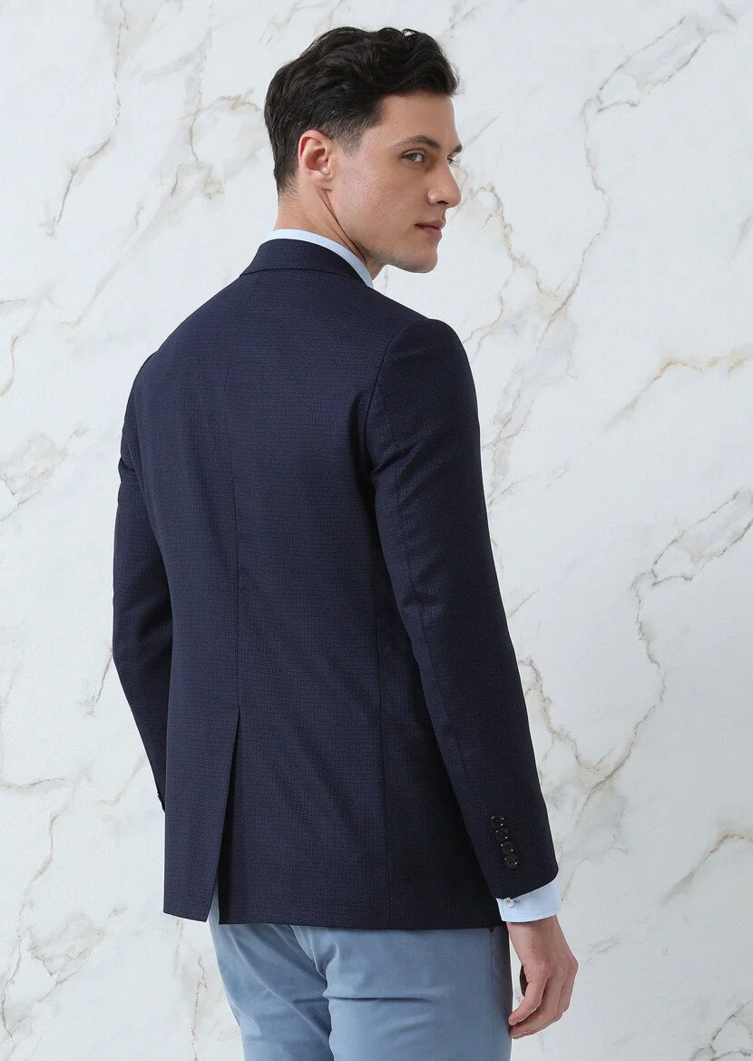 Navy Blue Micro Regular Fit 100% Wool Jacket - 5