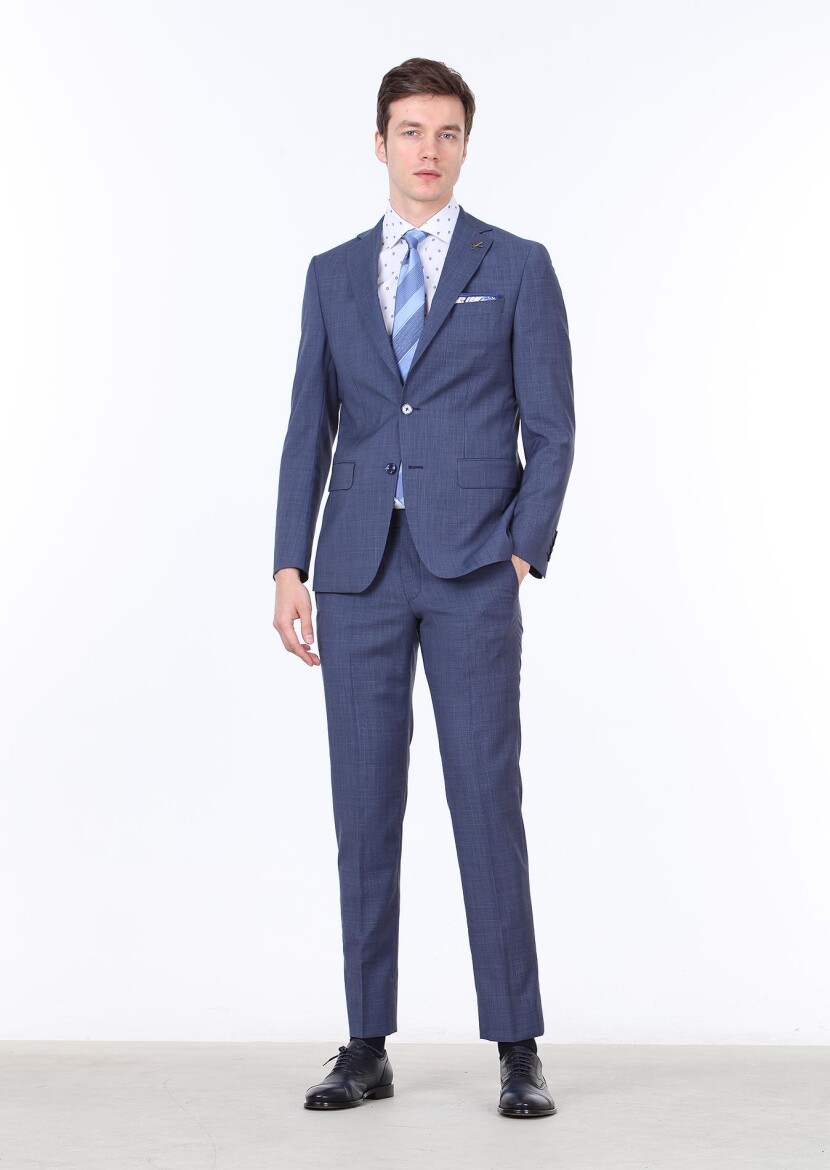 Navy Blue Micro Regular Fit 100% Wool Suit - 1