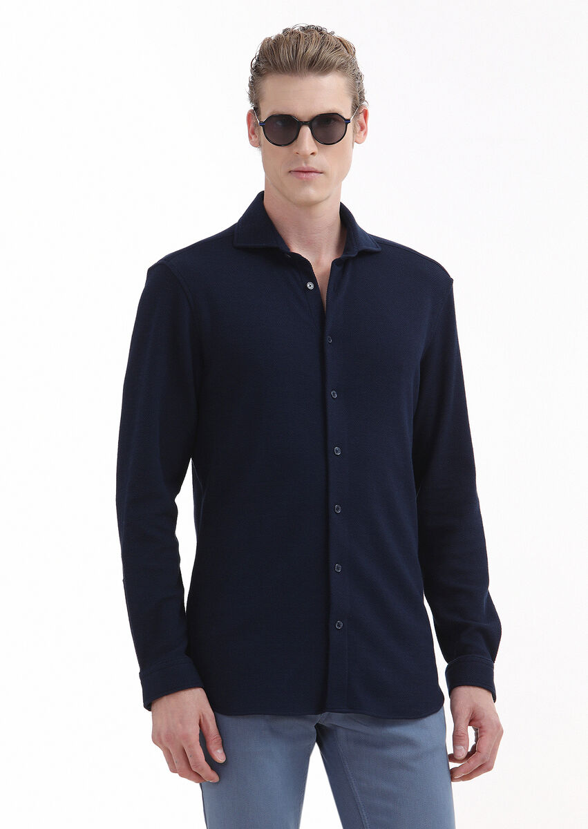 Navy Blue Micro Regular Fit Knitting Casual 100% Cotton Shirt - 2