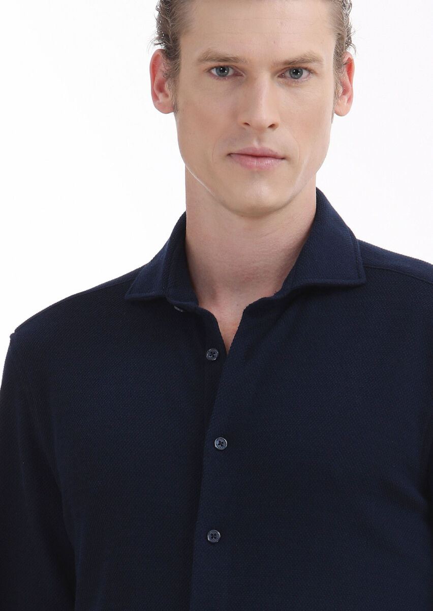 Navy Blue Micro Regular Fit Long Knitting Casual 100% Cotton Shirt - 4