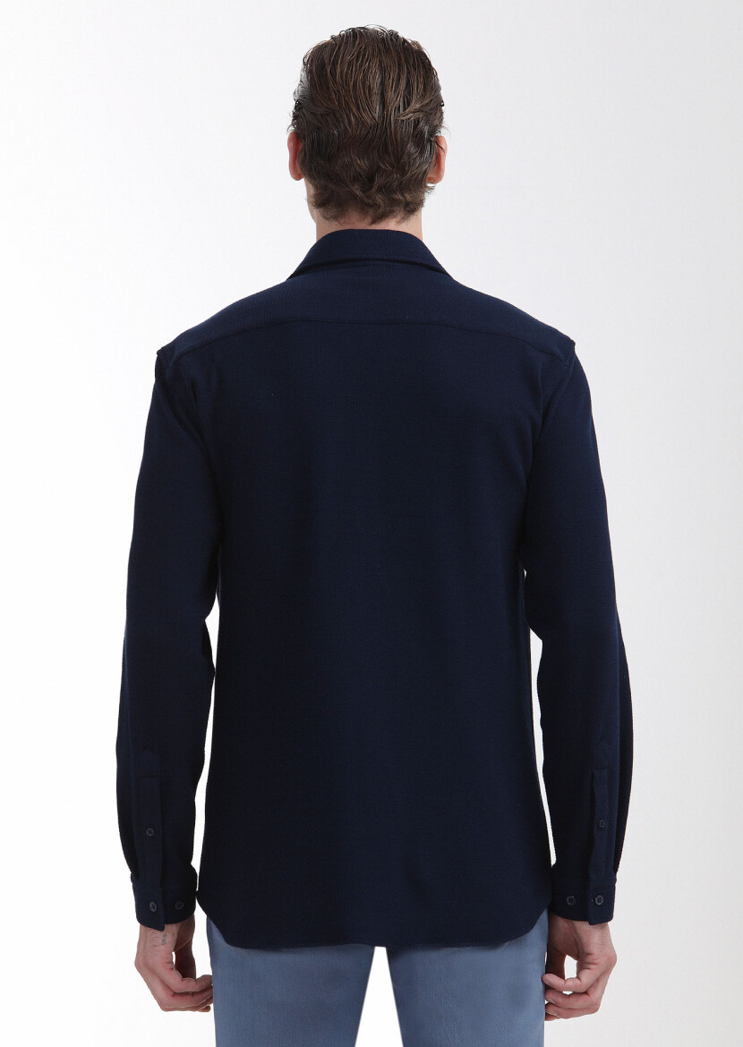Navy Blue Micro Regular Fit Long Knitting Casual 100% Cotton Shirt - 5