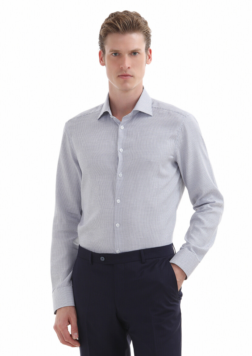 Navy Blue Micro Regular Fit Long Weaving Classical 100% Cotton Shirt - 2